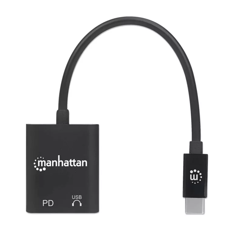 Adaptador de áudio USB-C para USB-C e USB-C da Manhattan (incl. Power Delivery), preto, 480 Mbit/s (USB 2.0), cabo 11cm, com Power Delivery para porta USB-C (60W), três anos de garantia