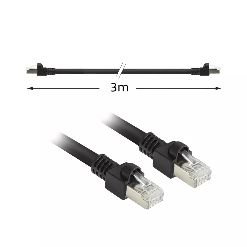 Cabo de patch ACT preto 3 metros S/FTP CAT7 PUR flex com proteção das patilhas com fichas RJ45 (conforme CAT6A)