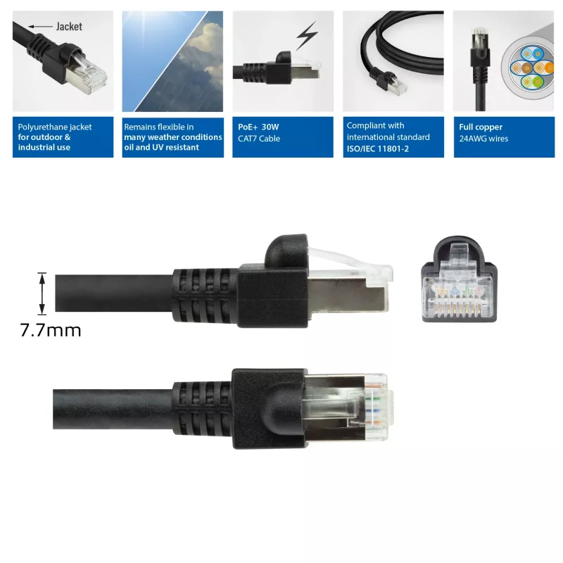 Cabo de patch ACT preto 7 metros S/FTP CAT7 PUR flex sem patilhas com fichas RJ45 (conforme CAT6A)