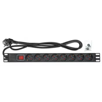 Intellinet 19 inch 1HE Rackmount 8 tomadas Unidade de Distribuição de Energia (PDU), tomadas EU CEE 7/3, cabo de alimentação integrado de 2m com ficha EU CEE 7/7, 16 A, interruptor ligar/desligar, montagem horizontal, alumínio, preto