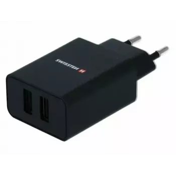 Carregador de viagem SWISSTEN SW-21A105W-BK, 2×USB, 2,1A por porta (10,5W total)