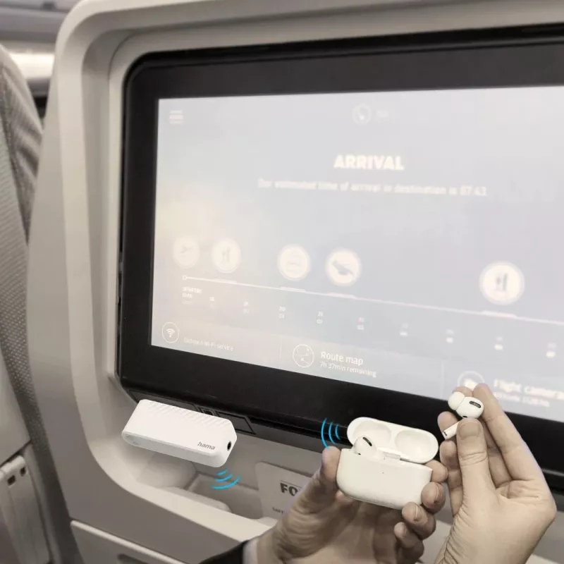 Hama 00014171 transmissor de áudio Bluetooth para aviões e uso universal, 10 h, AUX, branco