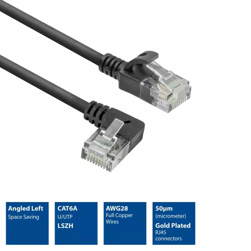 Cabo de rede ACT preto 2 metros U/UTP CAT6A LSZH Slimline com fichas RJ45 90° anguladas à esquerda para direita