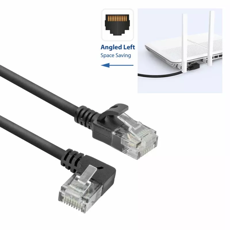 Cabo de rede ACT preto 2 metros U/UTP CAT6A LSZH Slimline com fichas RJ45 90° anguladas à esquerda para direita