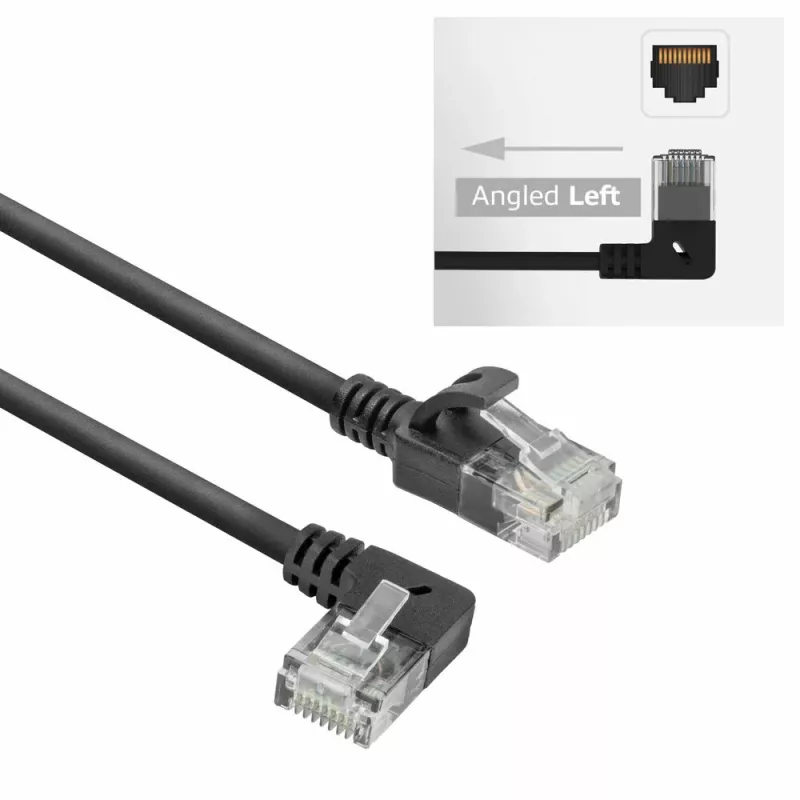Cabo de rede ACT preto 5 metros U/UTP CAT6A LSZH Slimline com fichas RJ45 90° anguladas à esquerda para direita