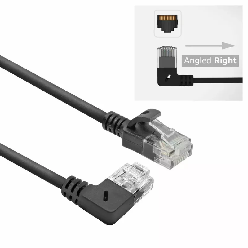 Cabo de rede ACT preto 1 metro U/UTP CAT6A LSZH Slimline com fichas RJ45 90° em ângulo reto para direita