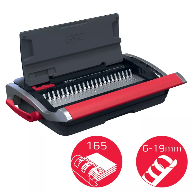 GBC CombBind® CB15 encadernadora manual, encadernadora de pente, manual, 165 folhas, preto, vermelho