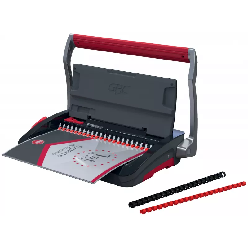 GBC CombBind® CB15 encadernadora manual, encadernadora de pente, manual, 165 folhas, preto, vermelho