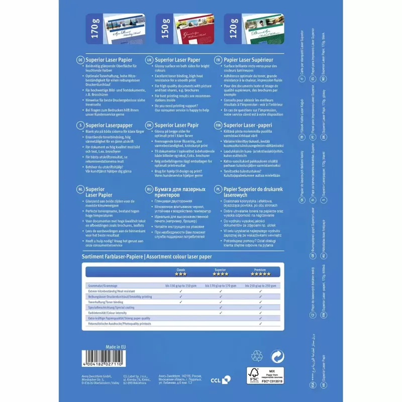 Papel fotográfico A4 Avery Premium Colour Laser 170 g/m² Brilhante Branco 1298