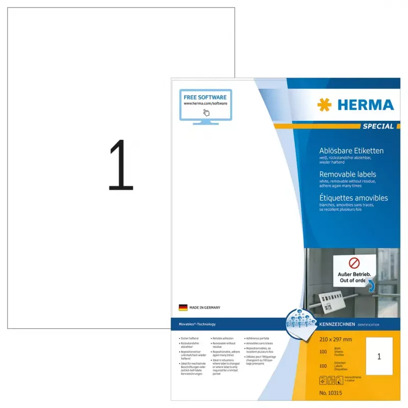 Etiquetas removíveis HERMA 10315 A4 210x297 mm branco Movables