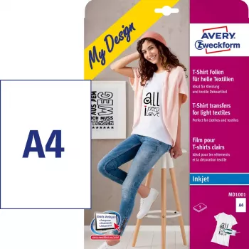 Folhas de transferência para têxteis para jato de tinta Avery Zweckform MD1001 — polipropileno A4 210×297 mm, branco, cores claras, pack de 5
