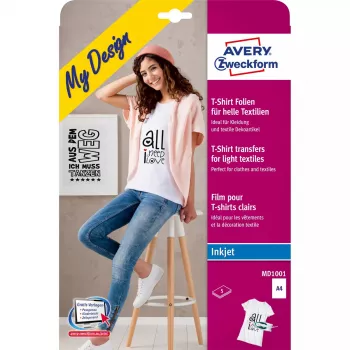 Folhas de transferência para têxteis para jato de tinta Avery Zweckform MD1001 — polipropileno A4 210×297 mm, branco, cores claras, pack de 5