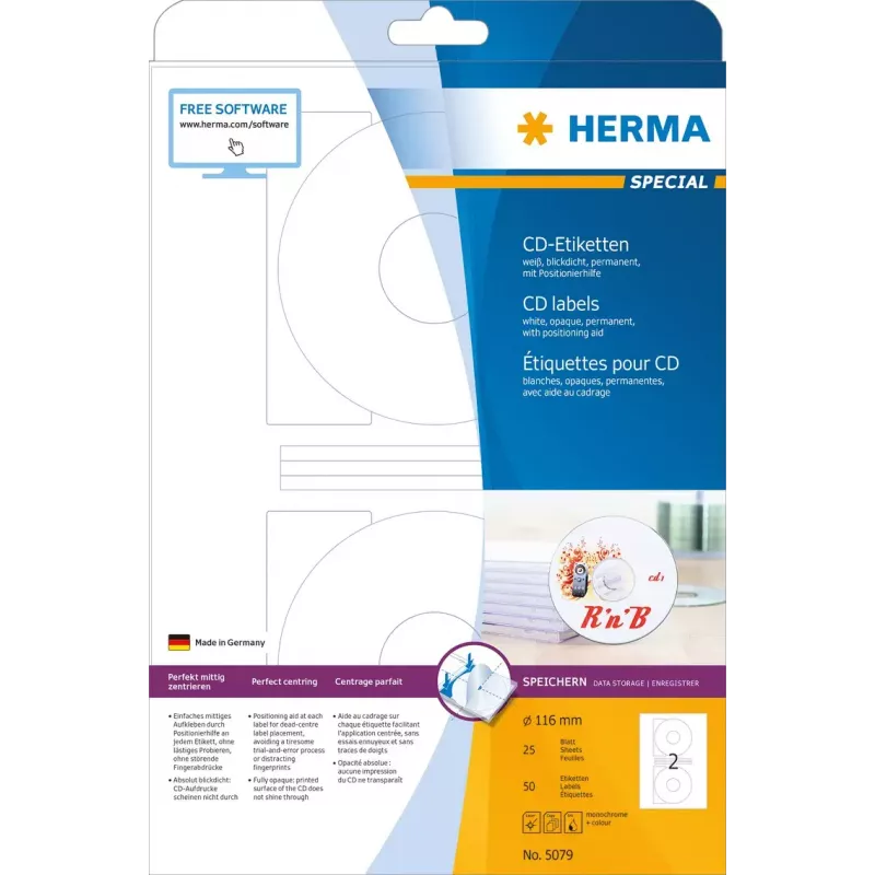 Etiquetas para CD HERMA A4 Ø 116 mm branco papel mate opaco 50 unid.