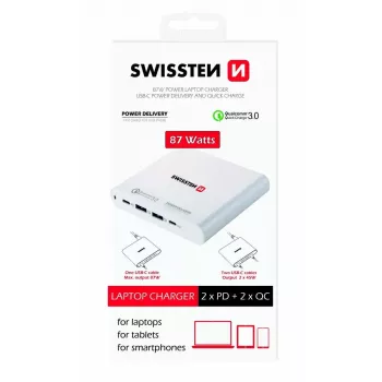 Carregador de viagem SWISSTEN SW-TCH-87W-PD30-QC30-W — 87W, PD 3.0, QC 3.0, para smartphones e portáteis