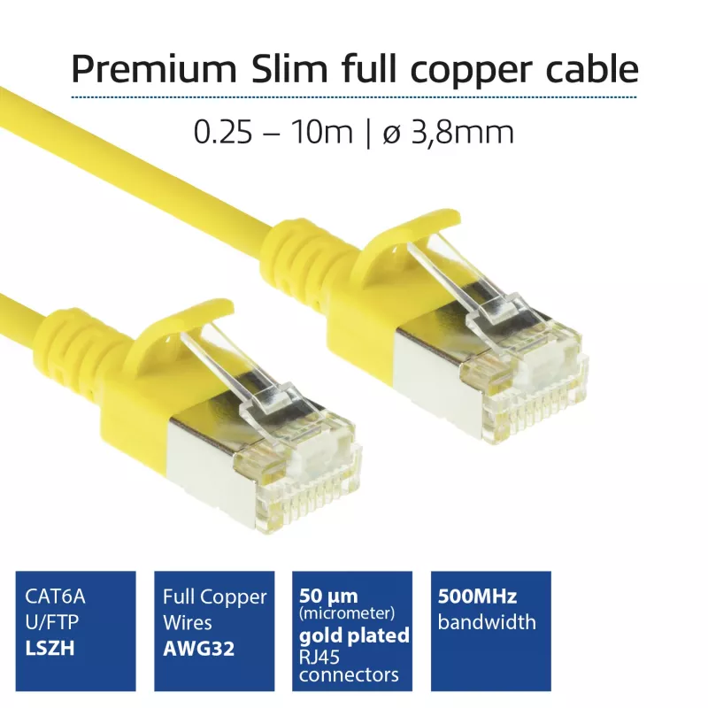 Cabo de rede patch slimline CAT6A U/FTP LSZH ACT amarelo 0,5 metros para datacenter sem patilhas com fichas RJ45