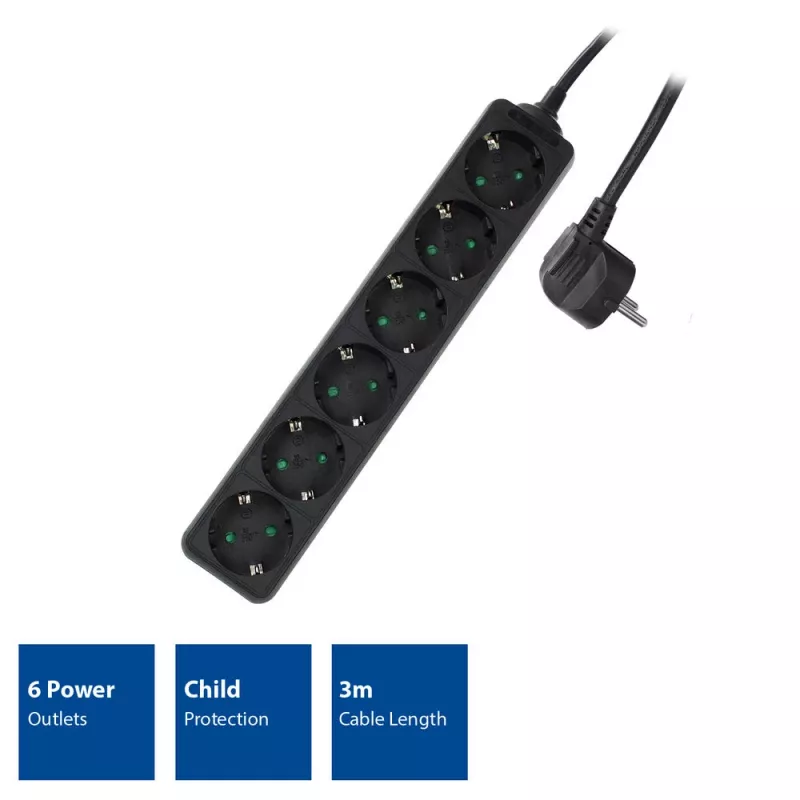 Extensão elétrica ACT, 6 tomadas, 3 m, preto