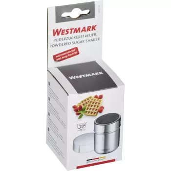 Dispensador de açúcar Westmark 69502260 — caixa redonda em aço inoxidável com componentes em polipropileno, 62×62×82 mm