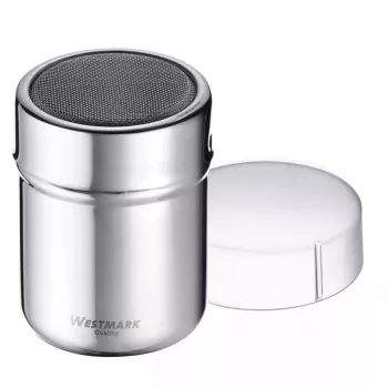 Dispensador de açúcar Westmark 69502260 — caixa redonda em aço inoxidável com componentes em polipropileno, 62×62×82 mm