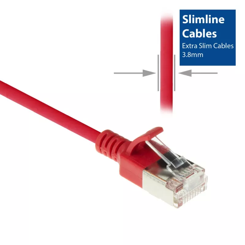 Cabo de rede slimline para centro de dados ACT vermelho 7 metros LSZH U/FTP CAT6A com proteção das patilhas e fichas RJ45