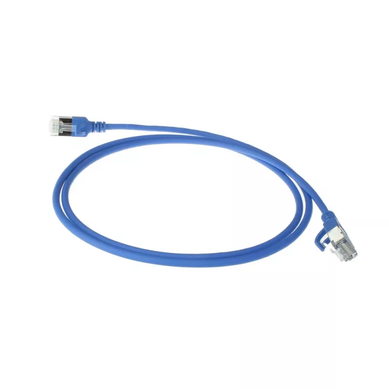 Cabo de rede slimline para centro de dados ACT azul 7 m LSZH U/FTP CAT6A com proteção das patilhas e fichas RJ45