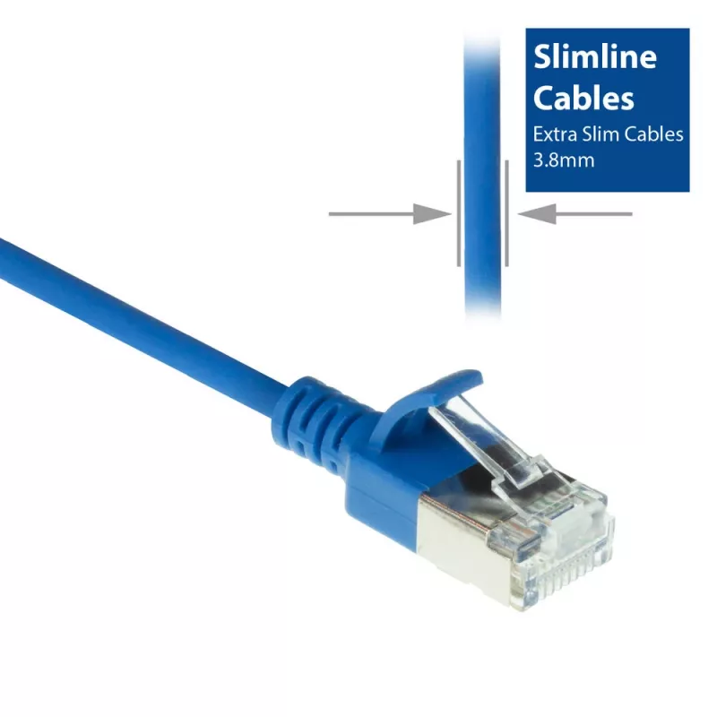 Cabo de rede slimline para centro de dados ACT azul 10 metros LSZH U/FTP CAT6A com fichas RJ45 com proteção das patilhas