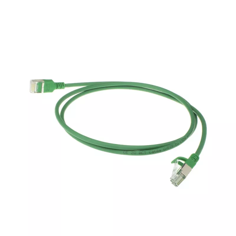 Cabo de rede slimline para centro de dados ACT verde 7 m LSZH U/FTP CAT6A com proteção das patilhas e fichas RJ45