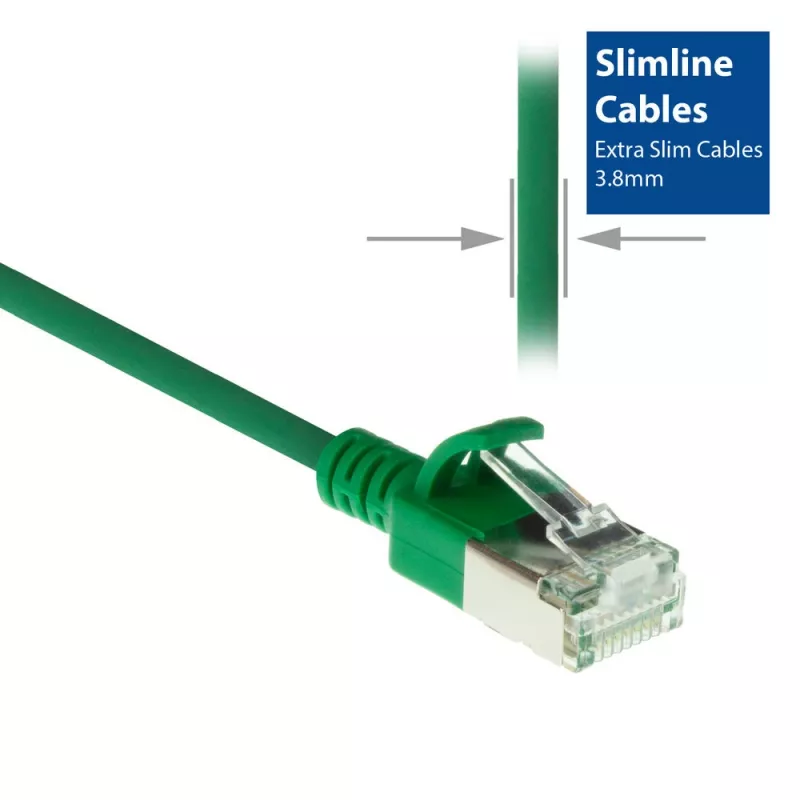 Cabo de rede slimline para centro de dados ACT verde 7 m LSZH U/FTP CAT6A com proteção das patilhas e fichas RJ45