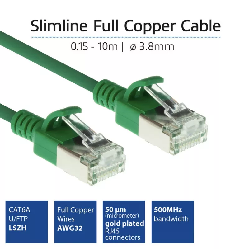 Cabo de rede slimline para centro de dados ACT verde 7 m LSZH U/FTP CAT6A com proteção das patilhas e fichas RJ45