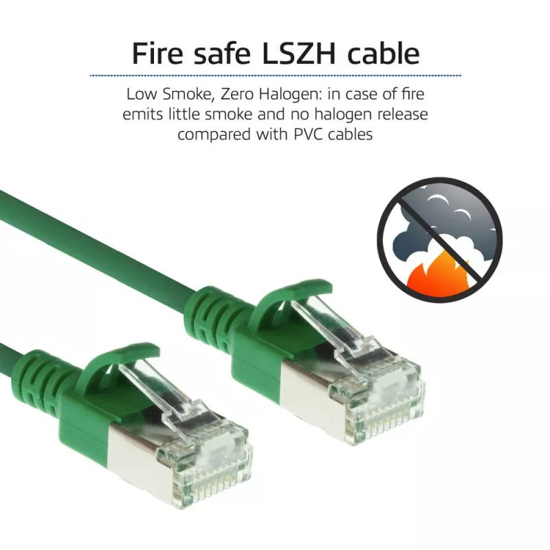 Cabo de rede slimline para centro de dados ACT verde 10 metros LSZH U/FTP CAT6A, sem patilhas com fichas RJ45