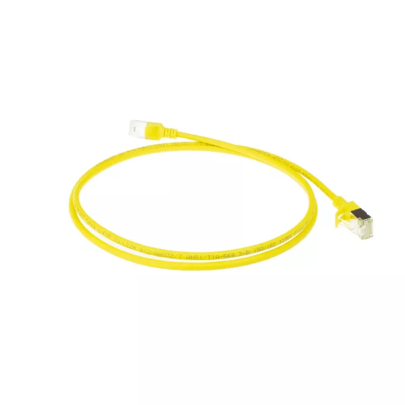 Cabo de rede slimline para centro de dados ACT amarelo 10 m LSZH U/FTP CAT6A com fichas RJ45 e proteção anti-dobra