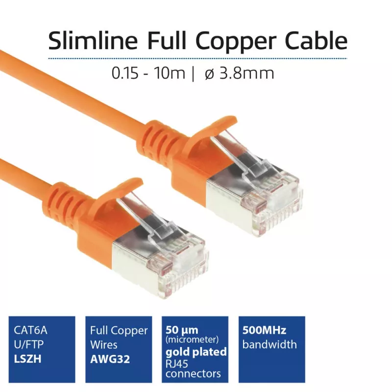 Cabo de rede Slimline Datacenter ACT Laranja 1 m LSZH U/FTP CAT6A com proteção da patilha e fichas RJ45