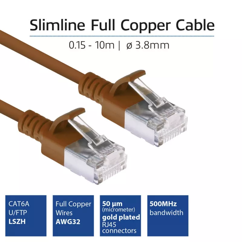 Cabo de rede Slimline Datacenter ACT Castanho 2 m LSZH U/FTP CAT6A sem patilha com fichas RJ45