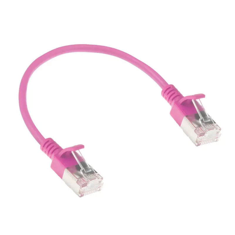 Cabo de rede Slimline Datacenter ACT Rosa 0,25 m LSZH U/FTP CAT6A com fichas RJ45, proteção da patilha