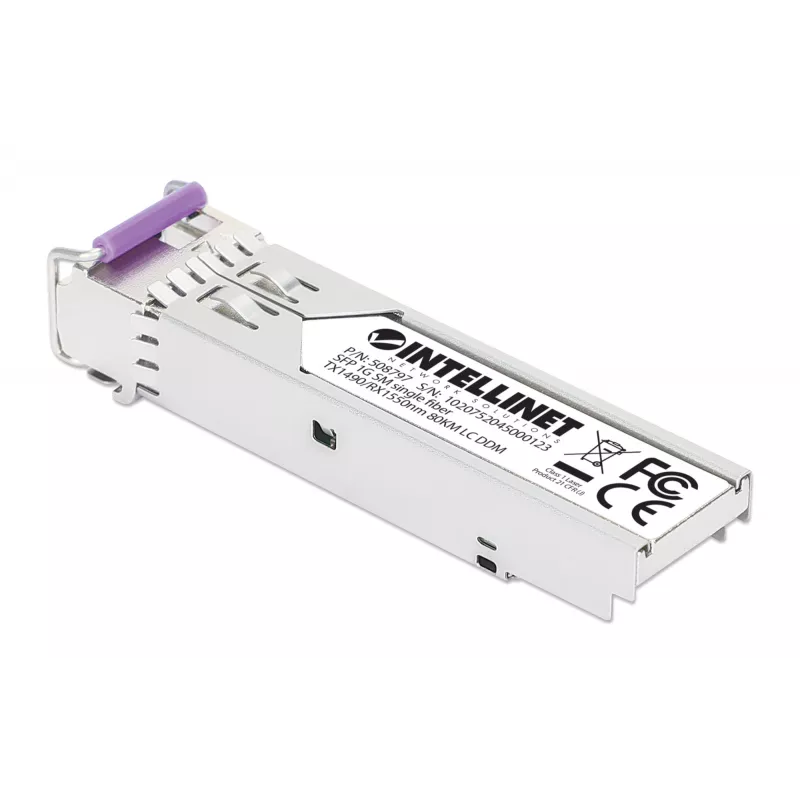 Módulo transceptor ótico SFP Intellinet Gigabit Fiber WDM Bi-Directional 1000Base-BX-U (LC) porta monomodo, 80 km, BiDi WDM (RX1550/TX1490), compatível com MSA para máxima compatibilidade, Prateado