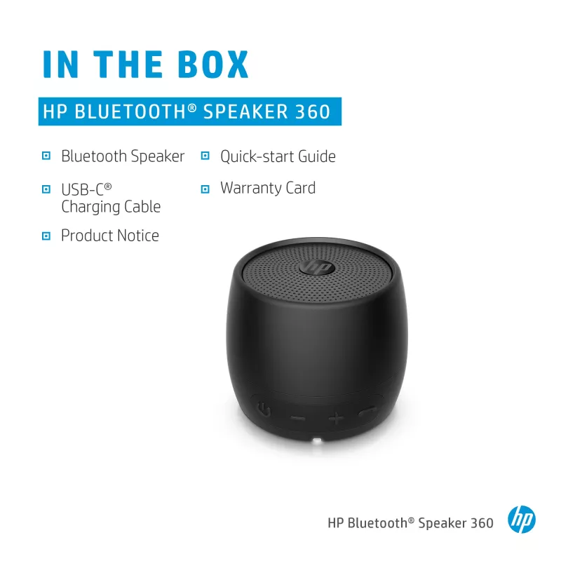 HP preto altifalante Bluetooth 360, com fios e sem fios, altifalante portátil mono, preto, cilíndrico, botões, universal