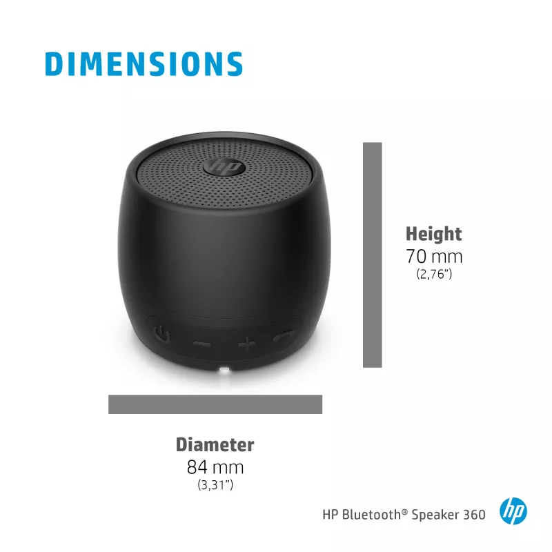 HP preto altifalante Bluetooth 360, com fios e sem fios, altifalante portátil mono, preto, cilíndrico, botões, universal