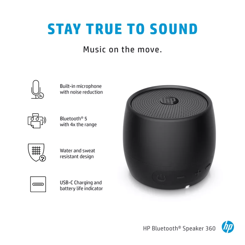 HP preto altifalante Bluetooth 360, com fios e sem fios, altifalante portátil mono, preto, cilíndrico, botões, universal
