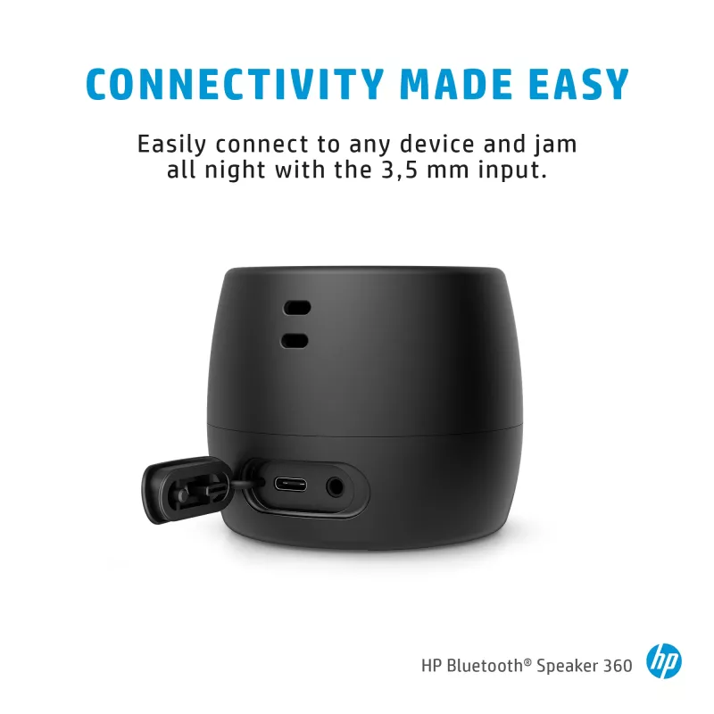 HP preto altifalante Bluetooth 360, com fios e sem fios, altifalante portátil mono, preto, cilíndrico, botões, universal
