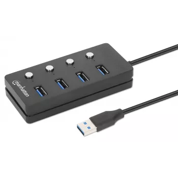 Dock/Hub USB-C Manhattan, portas (x4) com interruptor de ligar/desligar para cada porta: USB-A (x4), 5 Gbps (USB 3.2 Gen1 também conhecido como USB 3.0), universal para todos os dispositivos, alimentação por bus ou AC (conexão opcional, não incluída), cabo 1,5 m, SuperSpeed USB, preto, três anos de garantia