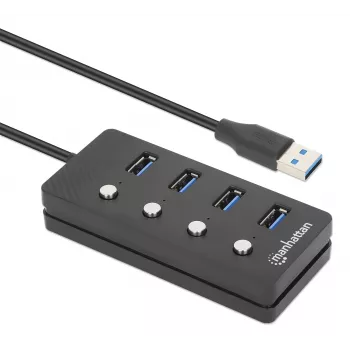 Dock/Hub USB-C Manhattan, portas (x4) com interruptor de ligar/desligar para cada porta: USB-A (x4), 5 Gbps (USB 3.2 Gen1 também conhecido como USB 3.0), universal para todos os dispositivos, alimentação por bus ou AC (conexão opcional, não incluída), cabo 1,5 m, SuperSpeed USB, preto, três anos de garantia