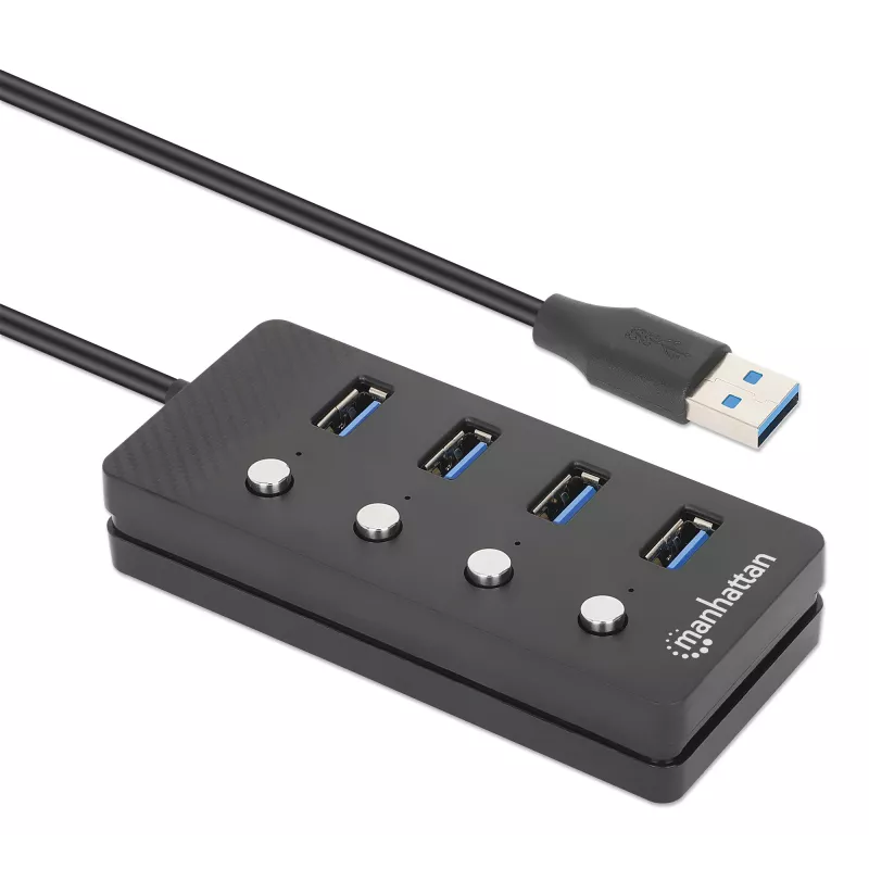 Dock/Hub USB-C Manhattan, portas (x4) com interruptor de ligar/desligar para cada porta: USB-A (x4), 5 Gbps (USB 3.2 Gen1 também conhecido como USB 3.0), universal para todos os dispositivos, alimentação por bus ou AC (conexão opcional, não incluída), cabo 1,5 m, SuperSpeed USB, preto, três anos de garantia