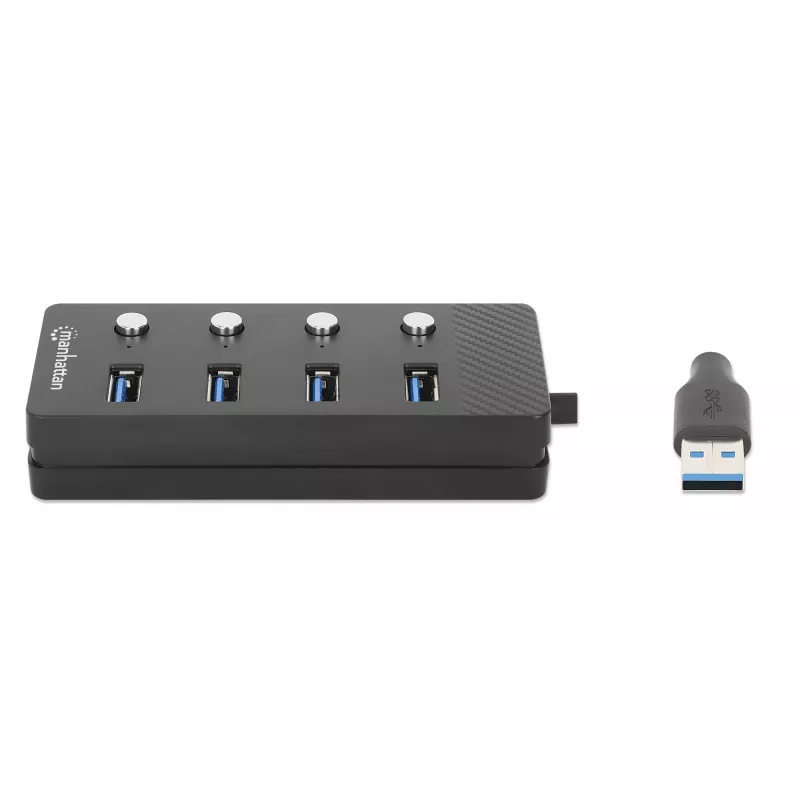 Dock/Hub USB-C Manhattan, portas (x4) com interruptor de ligar/desligar para cada porta: USB-A (x4), 5 Gbps (USB 3.2 Gen1 também conhecido como USB 3.0), universal para todos os dispositivos, alimentação por bus ou AC (conexão opcional, não incluída), cabo 1,5 m, SuperSpeed USB, preto, três anos de garantia