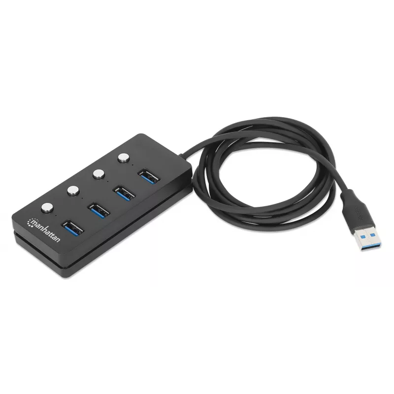 Dock/Hub USB-C Manhattan, portas (x4) com interruptor de ligar/desligar para cada porta: USB-A (x4), 5 Gbps (USB 3.2 Gen1 também conhecido como USB 3.0), universal para todos os dispositivos, alimentação por bus ou AC (conexão opcional, não incluída), cabo 1,5 m, SuperSpeed USB, preto, três anos de garantia