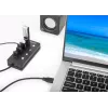 Dock/Hub USB-C Manhattan, portas (x4) com interruptor de ligar/desligar para cada porta: USB-A (x4), 5 Gbps (USB 3.2 Gen1 também conhecido como USB 3.0), universal para todos os dispositivos, alimentação por bus ou AC (conexão opcional, não incluída), cabo 1,5 m, SuperSpeed USB, preto, três anos de garantia