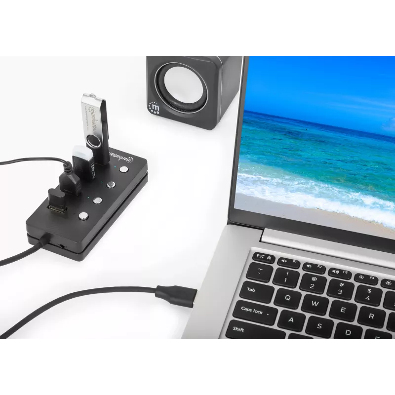 Dock/Hub USB-C Manhattan, portas (x4) com interruptor de ligar/desligar para cada porta: USB-A (x4), 5 Gbps (USB 3.2 Gen1 também conhecido como USB 3.0), universal para todos os dispositivos, alimentação por bus ou AC (conexão opcional, não incluída), cabo 1,5 m, SuperSpeed USB, preto, três anos de garantia