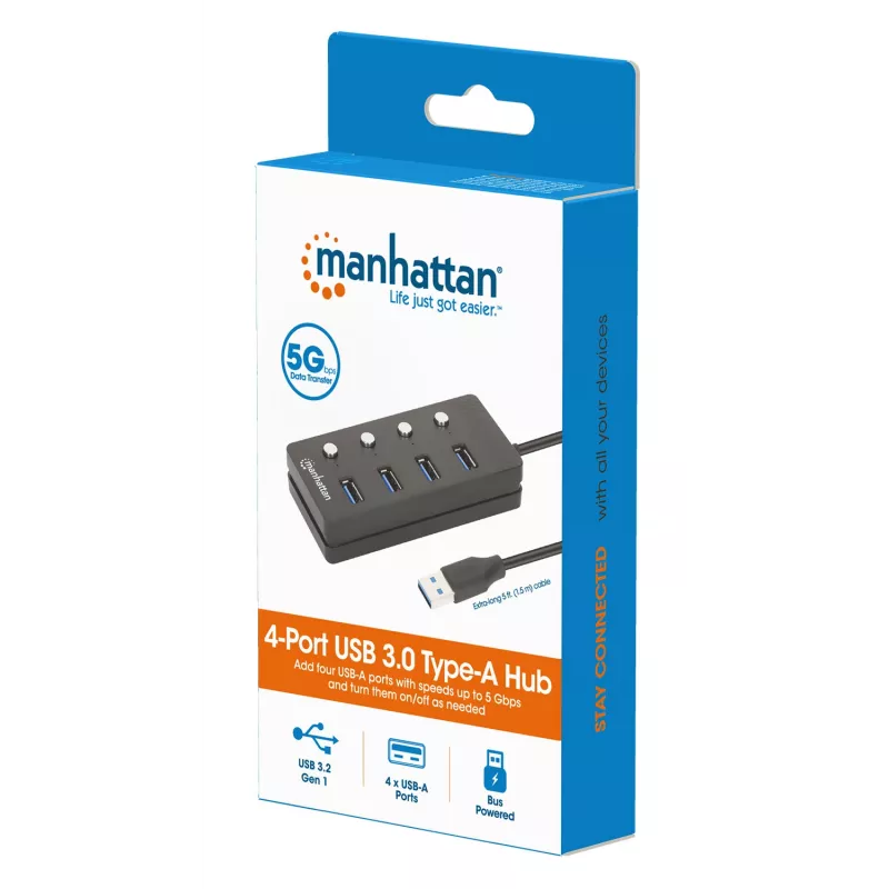 Dock/Hub USB-C Manhattan, portas (x4) com interruptor de ligar/desligar para cada porta: USB-A (x4), 5 Gbps (USB 3.2 Gen1 também conhecido como USB 3.0), universal para todos os dispositivos, alimentação por bus ou AC (conexão opcional, não incluída), cabo 1,5 m, SuperSpeed USB, preto, três anos de garantia
