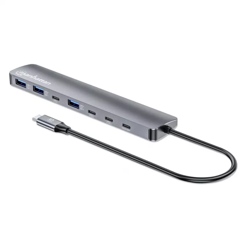 Dock/hub USB-C Manhattan, portas (x7): USB-A (x3) e USB-C (x4), com Power Delivery (PD) 100 W – requer carregador USB-C externo (não incluído). Alimentado por USB (não requer fonte de alimentação externa) quando não é usado PD, alumínio