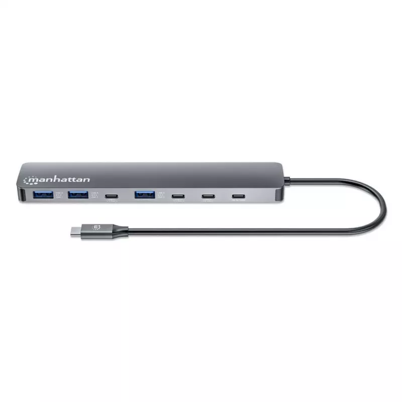 Dock/hub USB-C Manhattan, portas (x7): USB-A (x3) e USB-C (x4), com Power Delivery (PD) 100 W – requer carregador USB-C externo (não incluído). Alimentado por USB (não requer fonte de alimentação externa) quando não é usado PD, alumínio