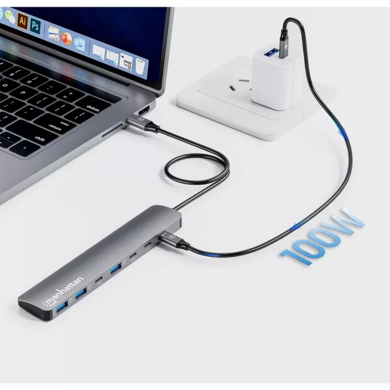 Dock/hub USB-C Manhattan, portas (x7): USB-A (x3) e USB-C (x4), com Power Delivery (PD) 100 W – requer carregador USB-C externo (não incluído). Alimentado por USB (não requer fonte de alimentação externa) quando não é usado PD, alumínio