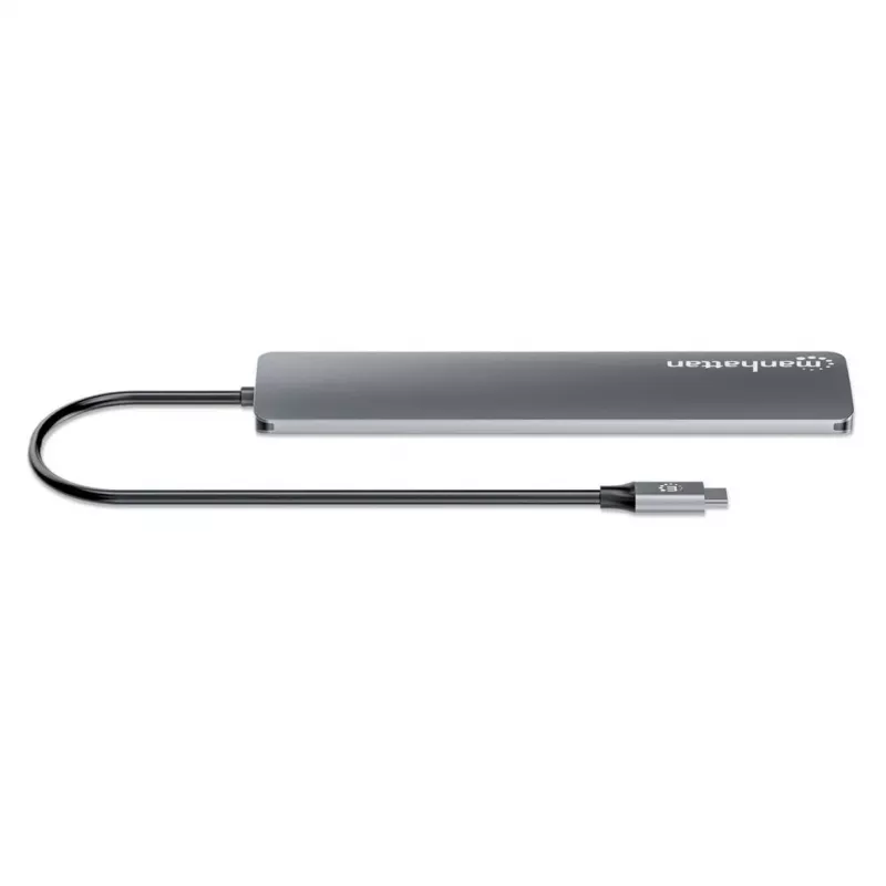 Dock/hub USB-C Manhattan, portas (x7): USB-A (x3) e USB-C (x4), com Power Delivery (PD) 100 W – requer carregador USB-C externo (não incluído). Alimentado por USB (não requer fonte de alimentação externa) quando não é usado PD, alumínio